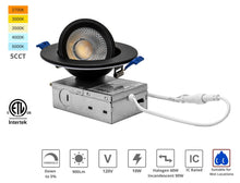 Load image into Gallery viewer, 4" 10W 90° Tilt Recessed LED Gimbal Pot Lights 5 CCT Color Selectable (Round Black)
