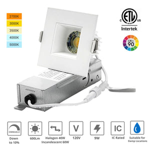 2-Inch 9W Anti Glare 5CCT CRI90+ LED Downlights (Square White)