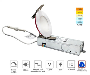 3 Inch 5W 2-Hour Fire Rated LED Downlights (Pot Lights) 5CCT Color Selectable