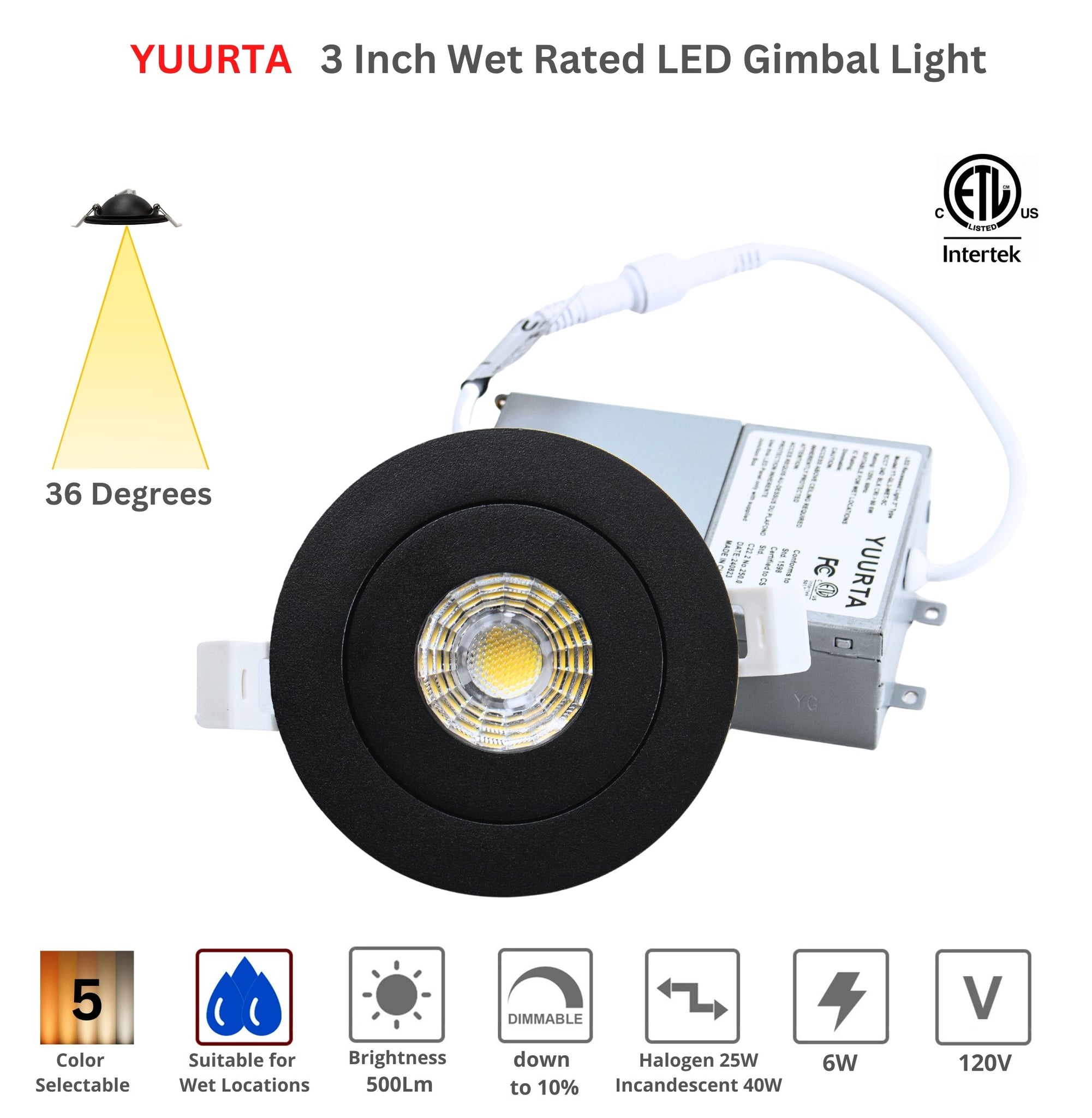 YUURTA 3-Inch 6W Adjustable Gimbal LED Recessed Light – 120V 500lm Dimmable, Wet Rated, ETL Listed, 5CCT Selectable (2700K–5000K), 10-Pack White
