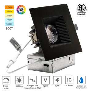 4-Inch 12W Anti Glare 5CCT CRI90+ LED Downlights (Square Black)