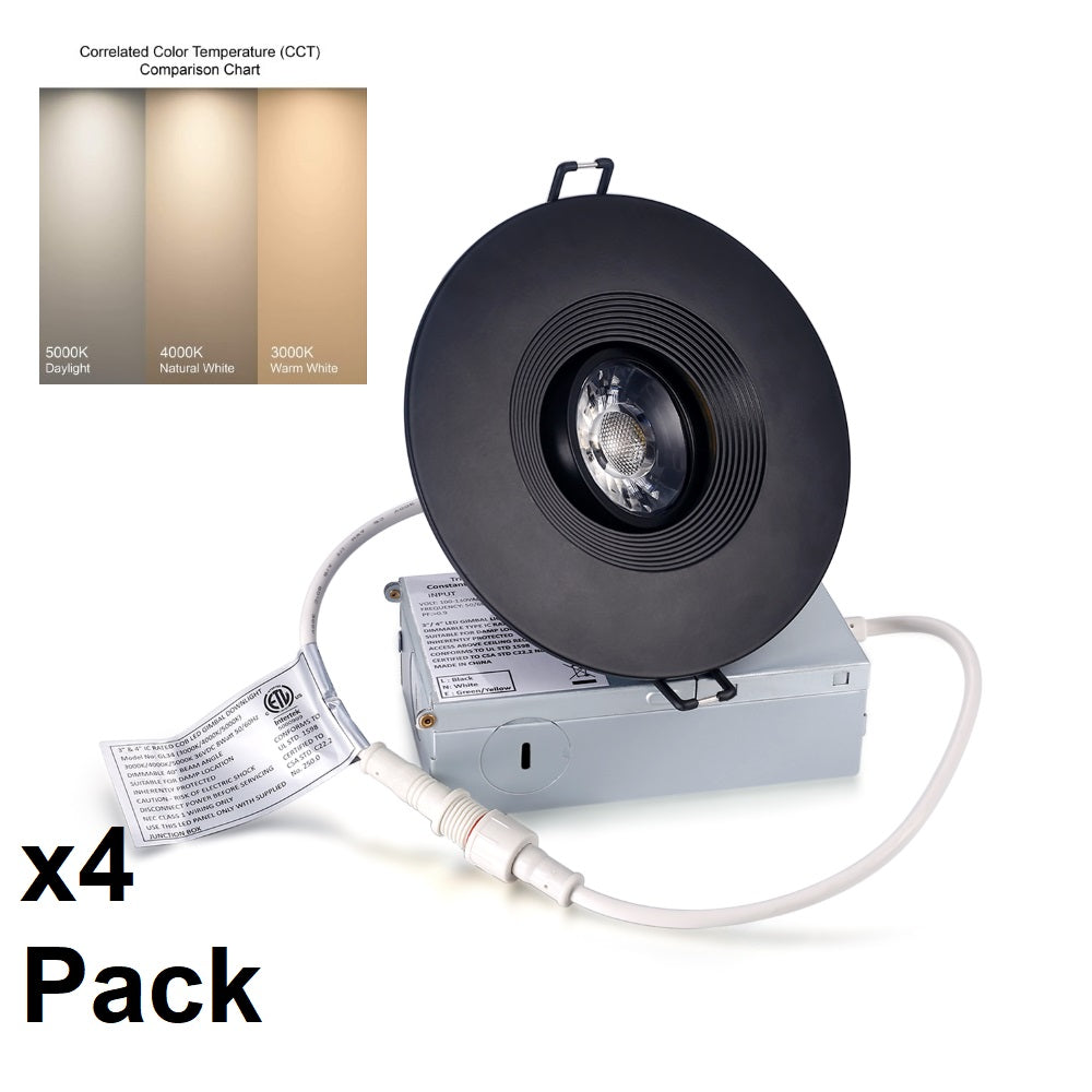 YUURTA (4-pack) 4-Inch 8W COB Chip Eyeball Black Trim LED Gimbal Lights ENERGY STAR