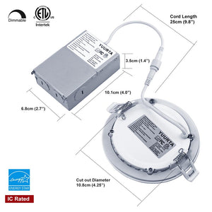 Junction Box with sizes 10.1cm length, 6.8cm width and 3.5cm height. Cut out diameter is 10.8cm. Cord (between LED panel and Junction box length is 25cm)
